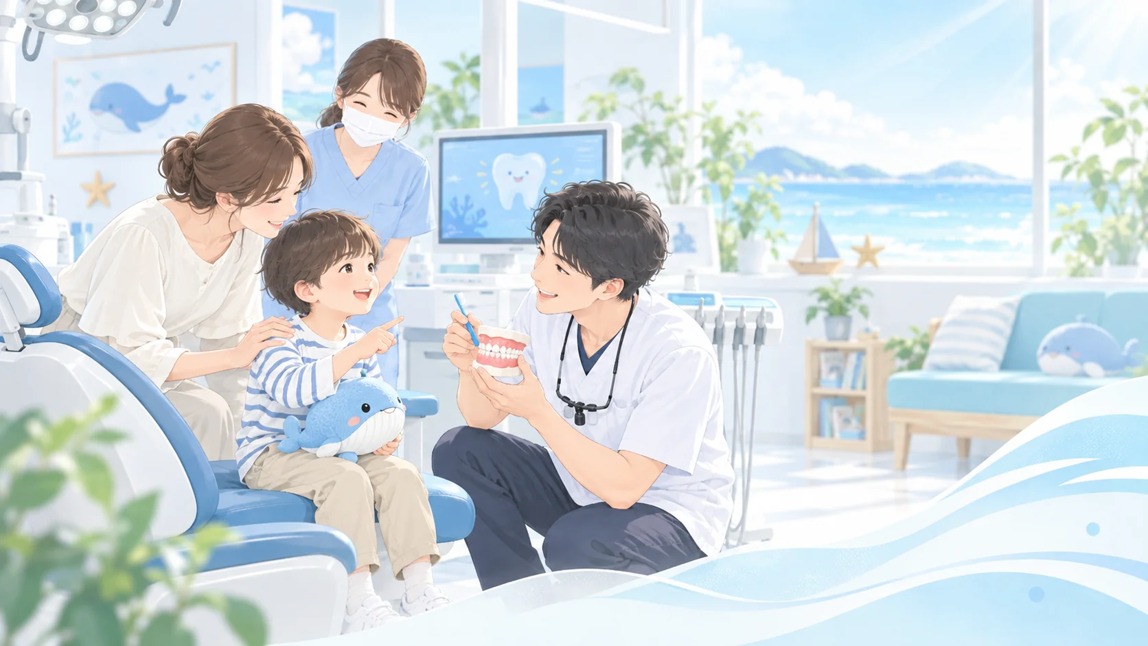 歯科医師がお子さまと保護者に歯みがきの説明をしている様子
