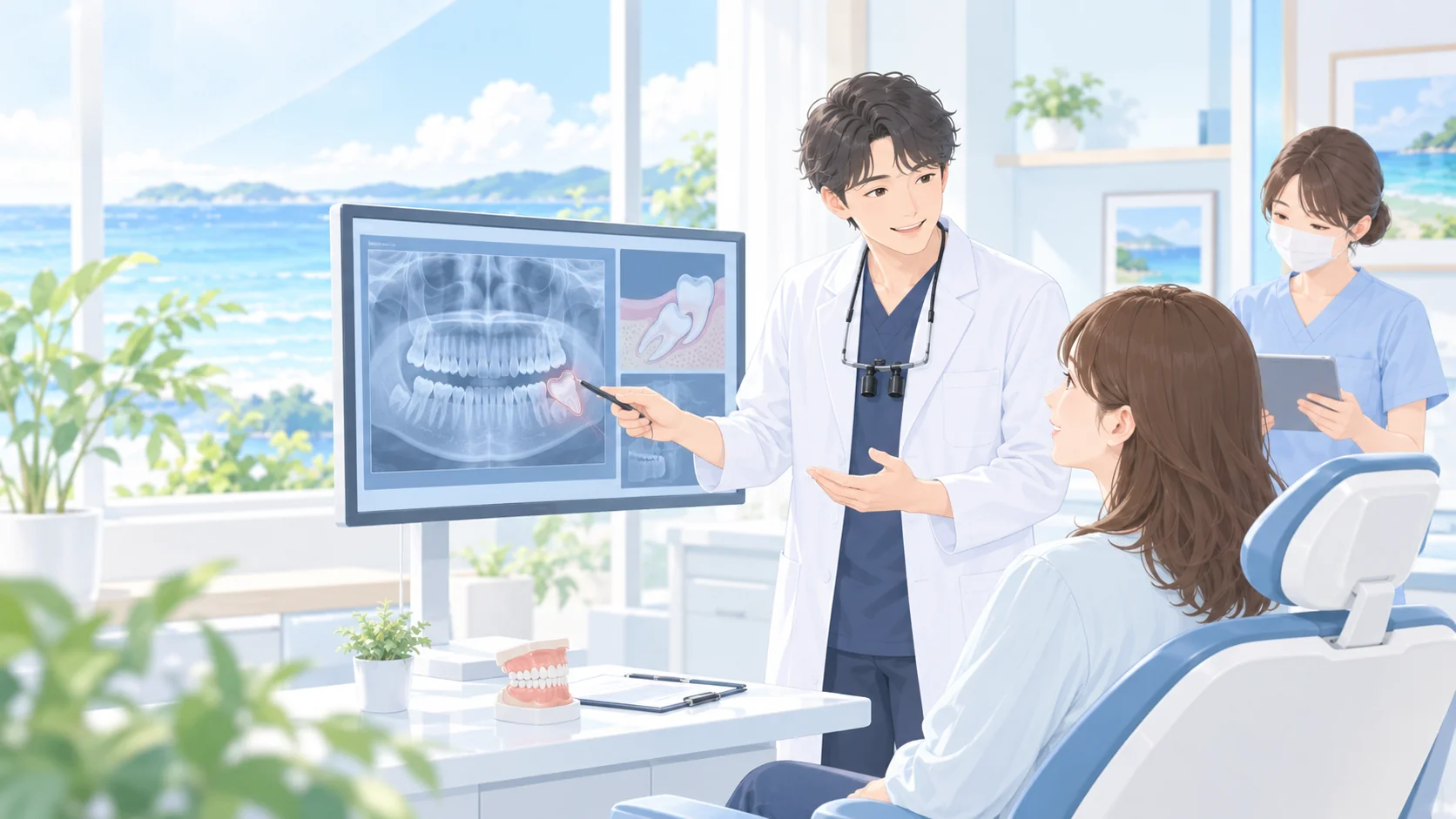 パノラマX線写真を見ながら患者さんに説明している様子